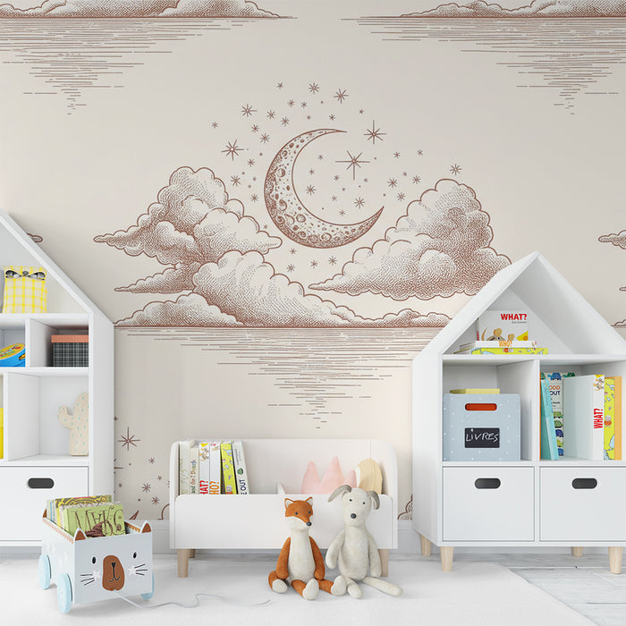 Papier peint chambre bébé | Ciel étoilé avec lune et nuages doux