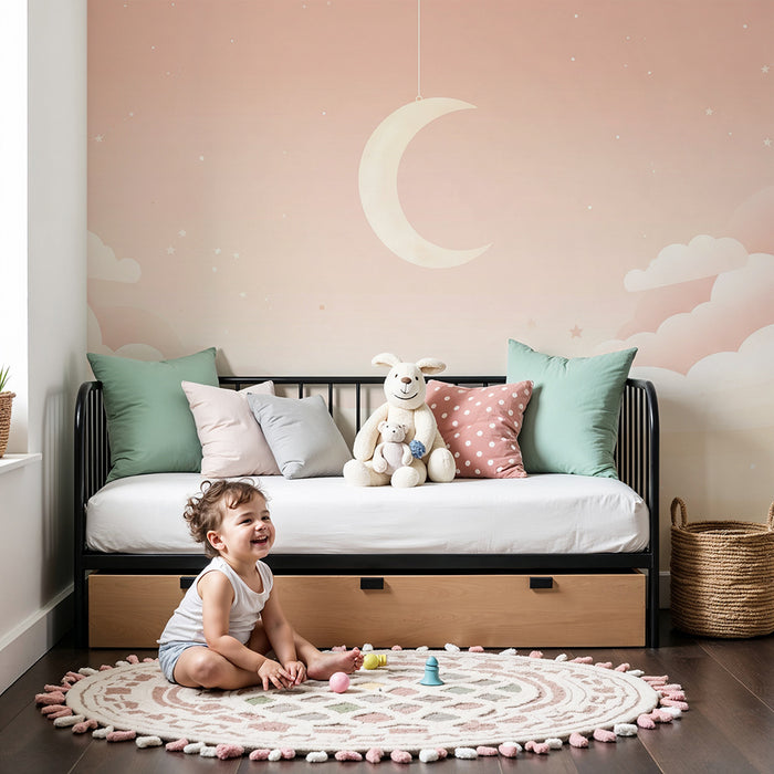 Papier peint chambre bébé | Ciel étoilé avec lune et nuages doux