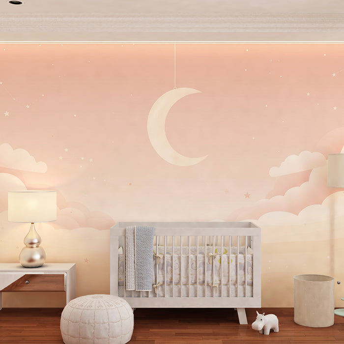 Papier peint chambre bébé | Ciel étoilé avec lune et nuages doux