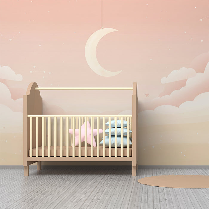 Papier peint chambre bébé | Ciel étoilé avec lune et nuages doux