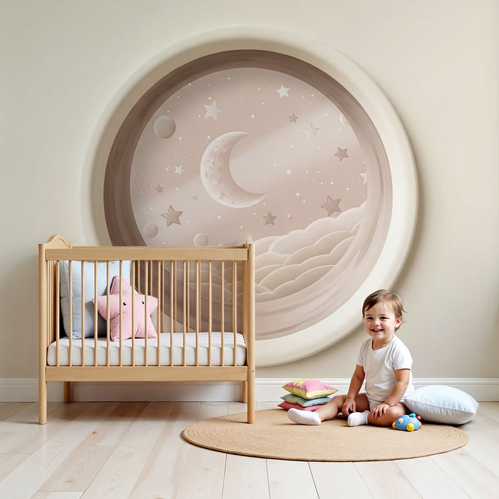 Papier peint chambre bébé | Ciel étoilé avec lune et nuages doux