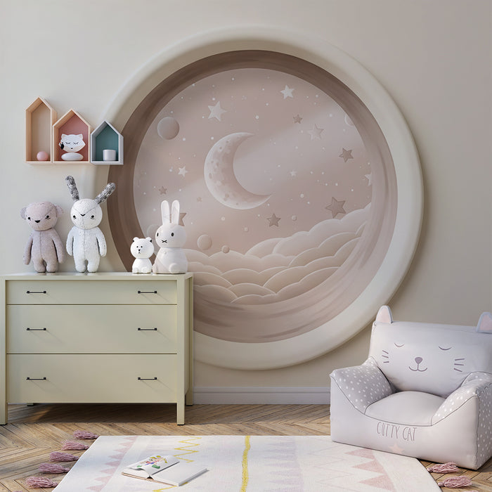 Papier peint chambre bébé | Ciel étoilé avec lune et nuages doux