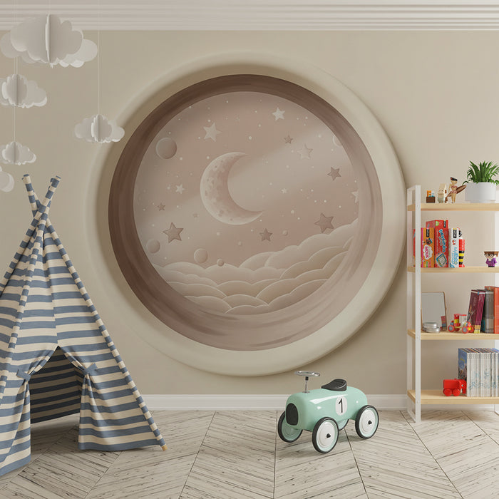 Papier peint chambre bébé | Ciel étoilé avec lune et nuages doux