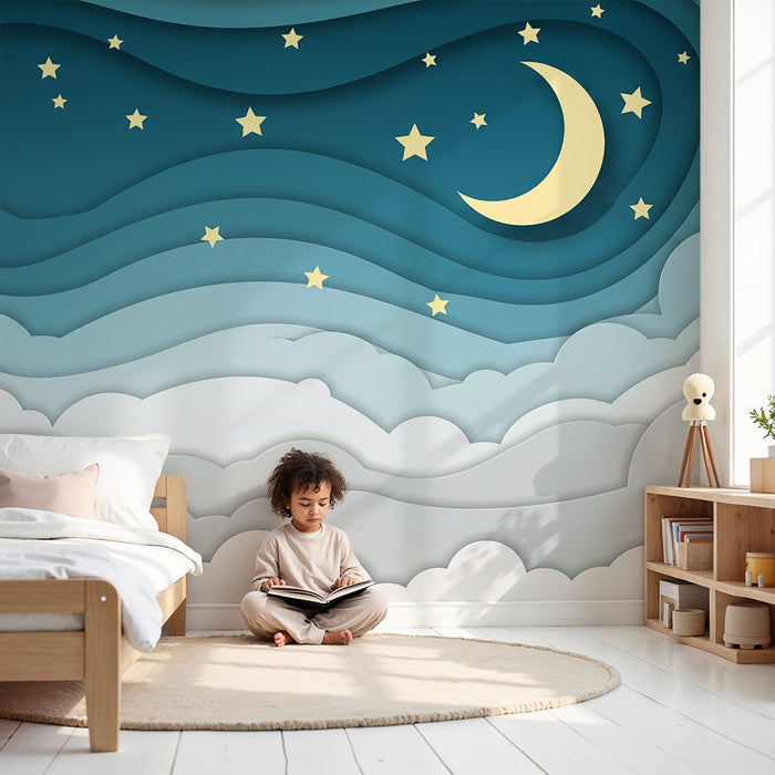 Barntapet | Stjärnhimmel med måne och moln i pappersklipp