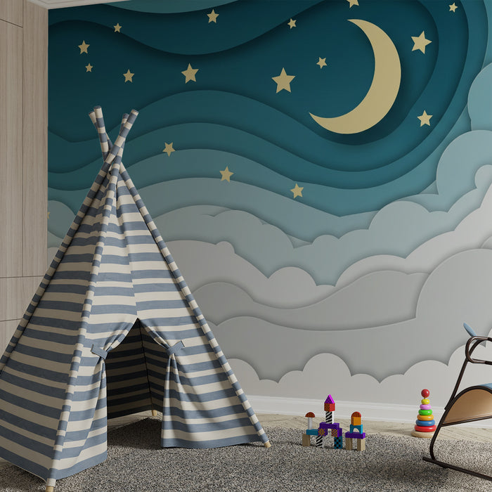 Barntapet | Stjärnhimmel med måne och moln i pappersklipp