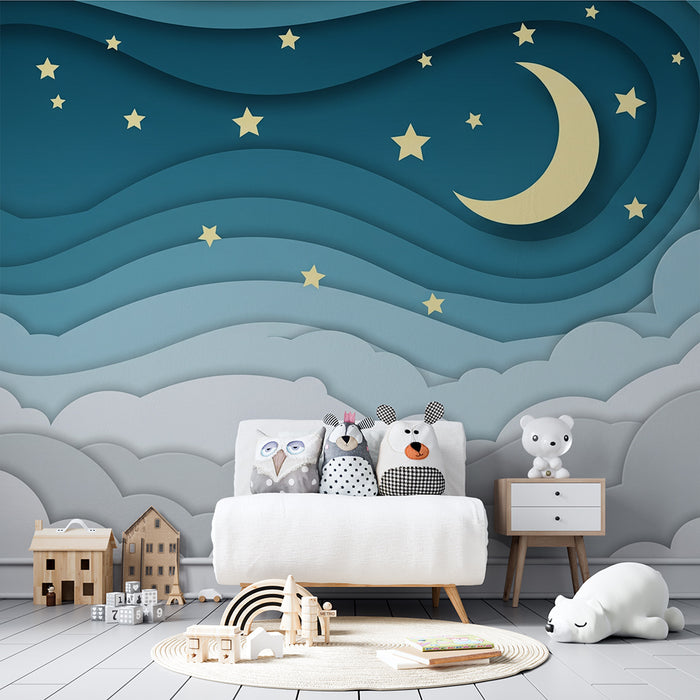 Barntapet | Stjärnhimmel med måne och moln i pappersklipp