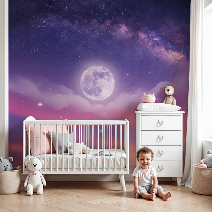 Barntapet | Stjärnhimmel med måne och pastellmoln