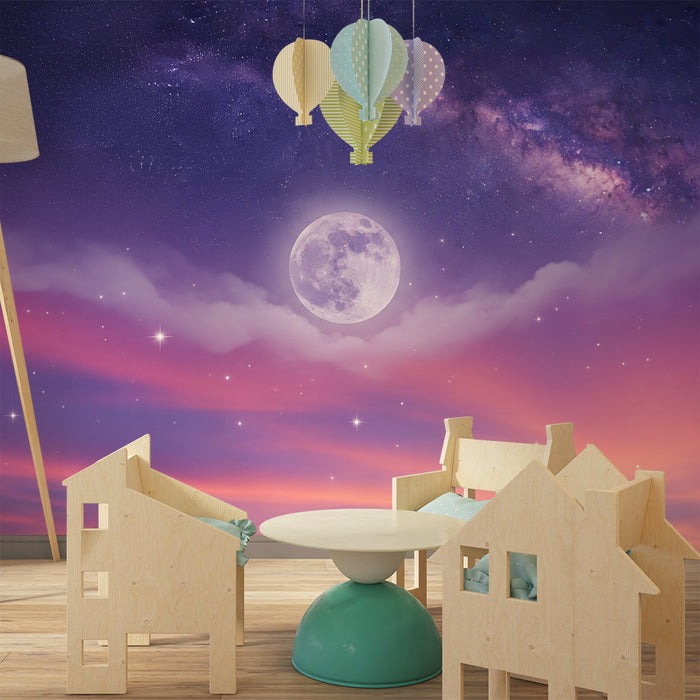 Barntapet | Stjärnhimmel med måne och pastellmoln