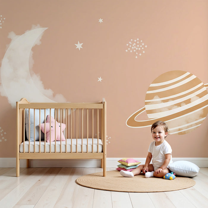 Papier peint chambre bébé | Ciel étoilé avec lune et planète