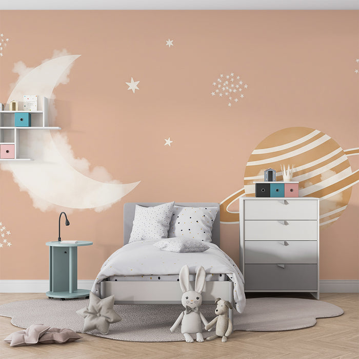 Papier peint chambre bébé | Ciel étoilé avec lune et planète