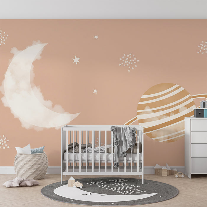 Papier peint chambre bébé | Ciel étoilé avec lune et planète