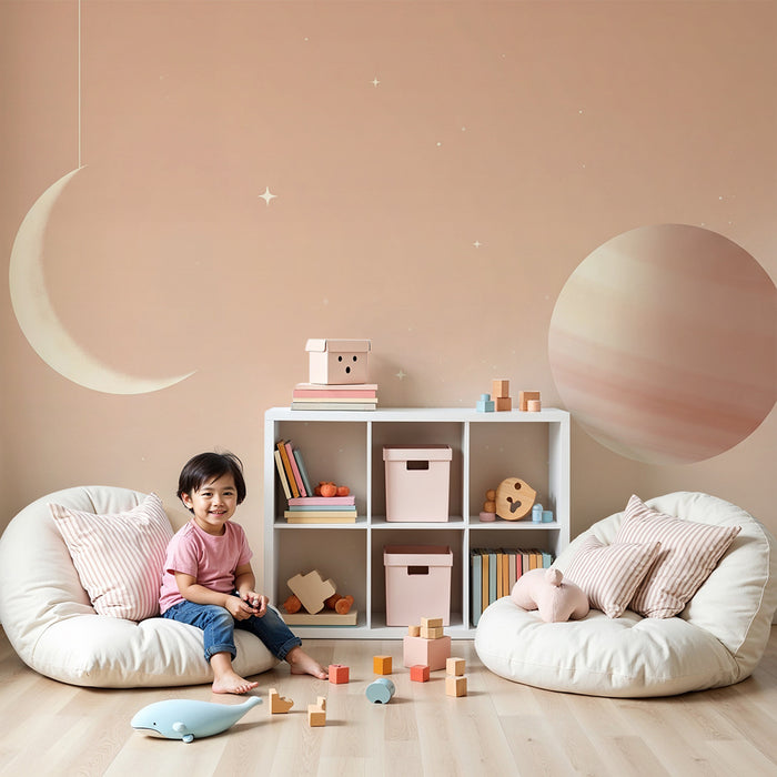 Papel de parede para quarto de bebé | Céu estrelado com lua e planeta suave