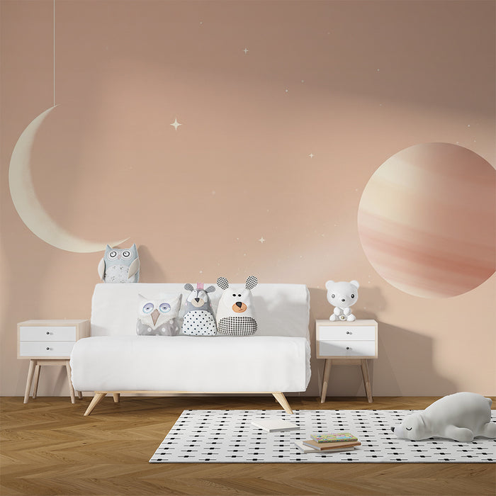 Papel de parede para quarto de bebé | Céu estrelado com lua e planeta suave