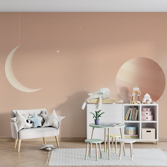 Papel de parede para quarto de bebé | Céu estrelado com lua e planeta suave
