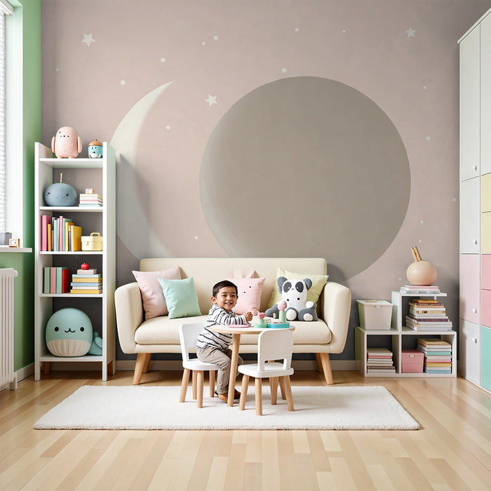 Papel de parede para quarto de bebé | Céu estrelado com lua e planeta suave
