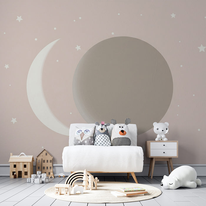Papel de parede para quarto de bebé | Céu estrelado com lua e planeta suave