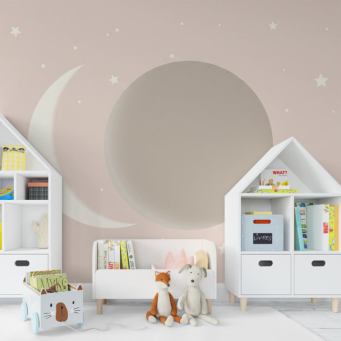 Papel de parede para quarto de bebé | Céu estrelado com lua e planeta suave