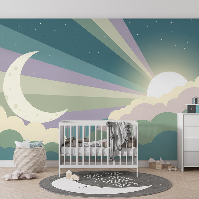 Papel de parede para quarto de bebé | Céu estrelado com lua e sol radiante