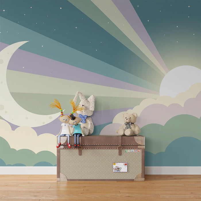 Papel de parede para quarto de bebé | Céu estrelado com lua e sol radiante