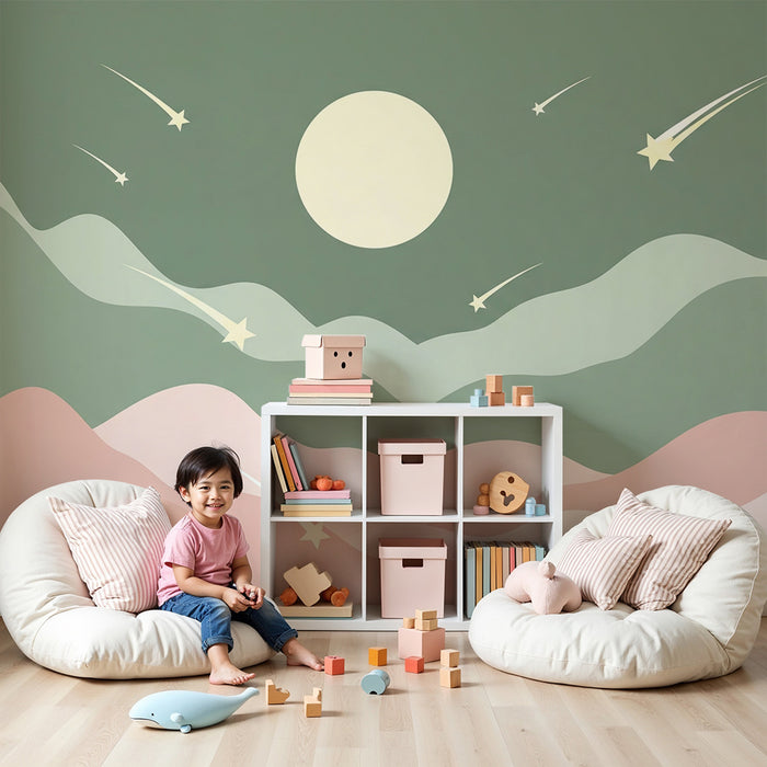 Carta da parati bambini | Cielo stellato con luna e onde pastello