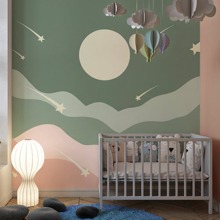Carta da parati bambini | Cielo stellato con luna e onde pastello