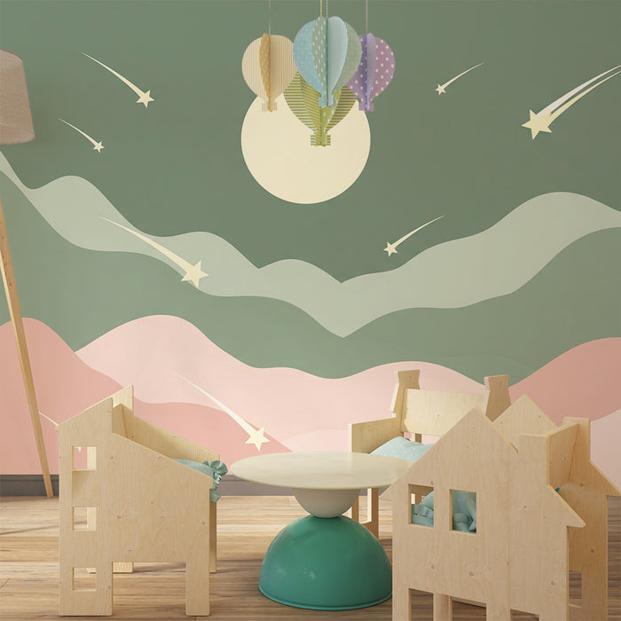 Carta da parati bambini | Cielo stellato con luna e onde pastello