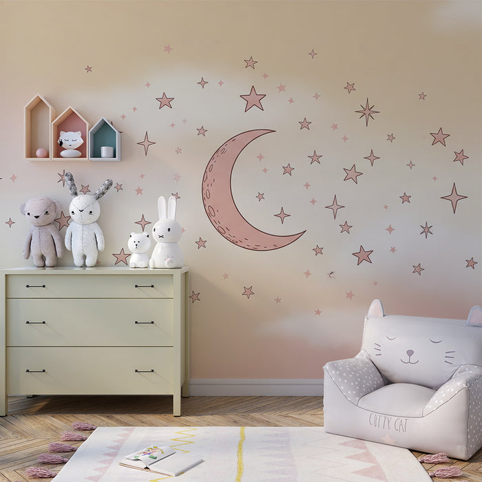 Papel de parede para quarto de bebé | Céu estrelado com lua sobre fundo de nuvens suaves