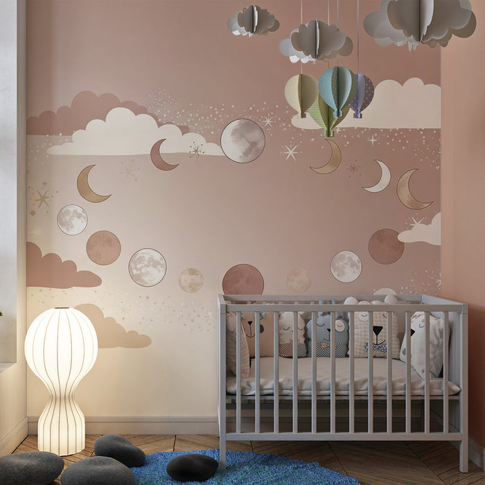 Papel de parede para quarto de bebé | Céu estrelado com luas e nuvens suaves