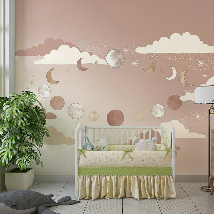 Papel de parede para quarto de bebé | Céu estrelado com luas e nuvens suaves