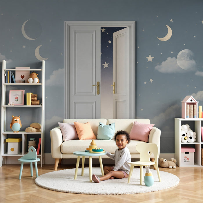 Papel de parede para quarto de bebé | Céu estrelado com luas e nuvens suaves