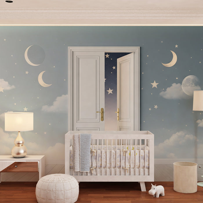 Papel de parede para quarto de bebé | Céu estrelado com luas e nuvens suaves