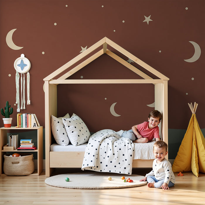 Papel de parede para quarto de bebé | Céu estrelado com luas e ondas suaves