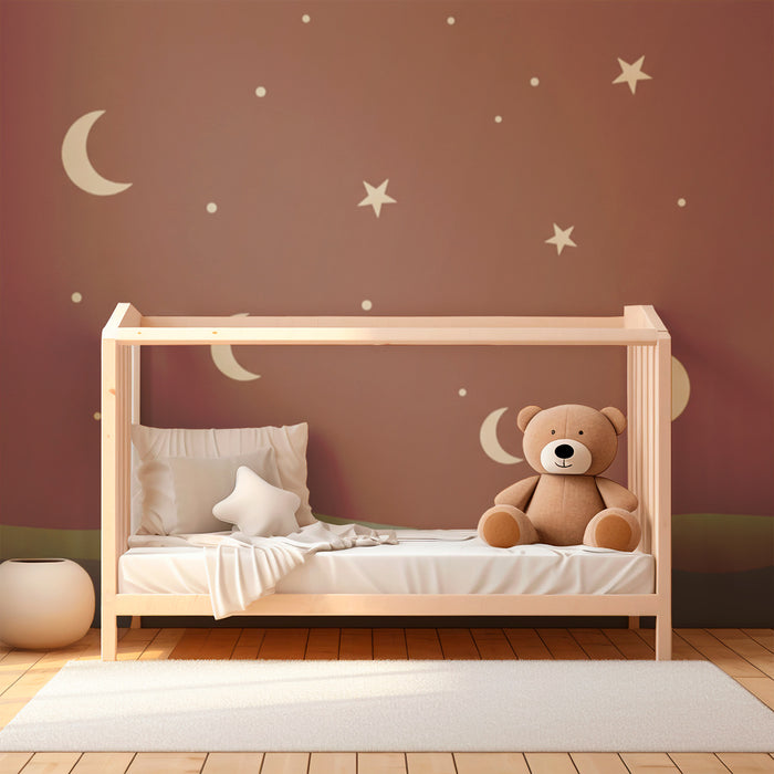 Papel de parede para quarto de bebé | Céu estrelado com luas e ondas suaves
