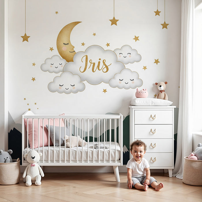 Lastenhuoneen tapetti | Tähtitaivas pilvillä ja nimen Iris ja vuorilla