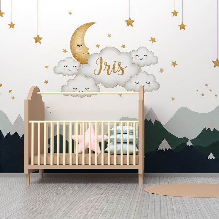 Lastenhuoneen tapetti | Tähtitaivas pilvillä ja nimen Iris ja vuorilla