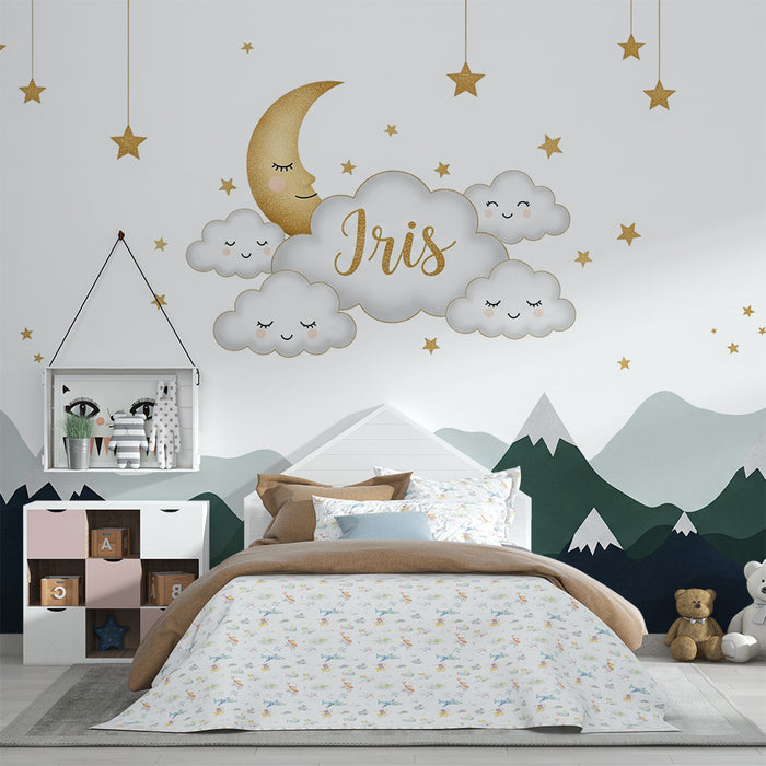 Lastenhuoneen tapetti | Tähtitaivas pilvillä ja nimen Iris ja vuorilla