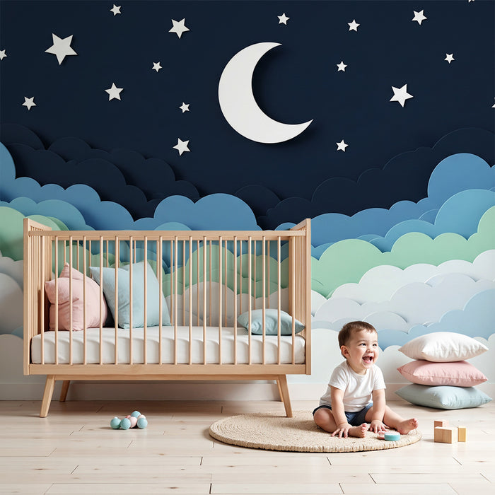 Barntapet | Stjärnhimmel med mjuka moln och måne