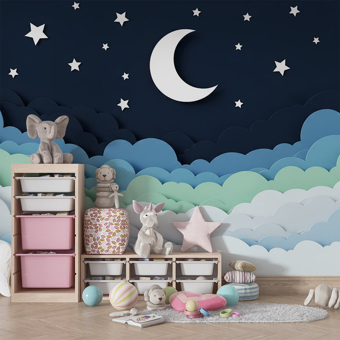 Barntapet | Stjärnhimmel med mjuka moln och måne