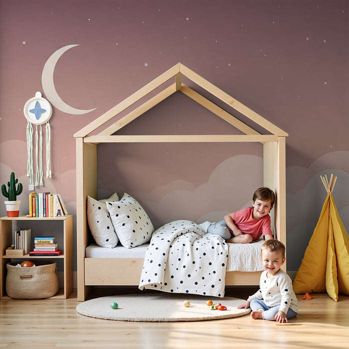 Tapeta dětského pokoje | Hvězdná obloha s jemnými obláčky a měsícem