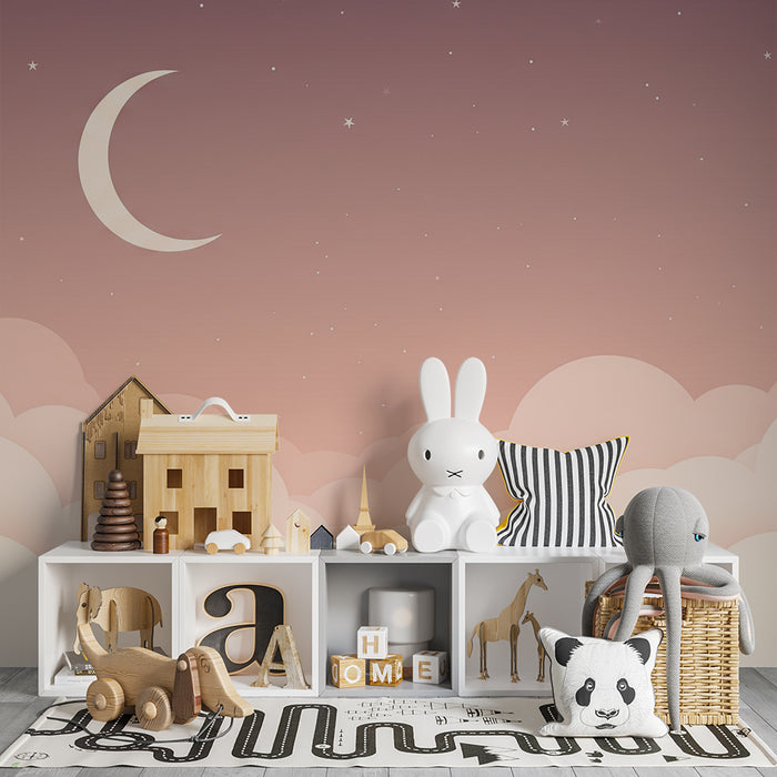 Tapeta dětského pokoje | Hvězdná obloha s jemnými obláčky a měsícem