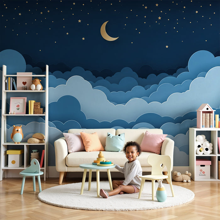 Papier peint chambre bébé | Ciel étoilé avec nuages doux et lune dorée