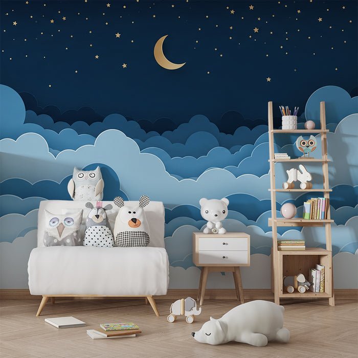 Papier peint chambre bébé | Ciel étoilé avec nuages doux et lune dorée