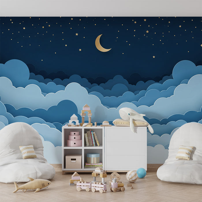 Papier peint chambre bébé | Ciel étoilé avec nuages doux et lune dorée