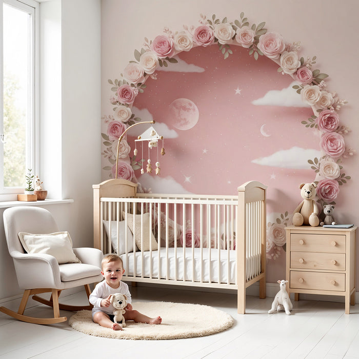 Papier peint chambre bébé | Ciel étoilé avec nuages et fleurs délicates