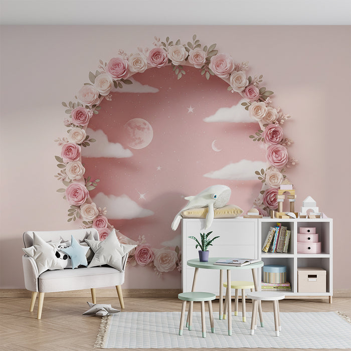 Papier peint chambre bébé | Ciel étoilé avec nuages et fleurs délicates