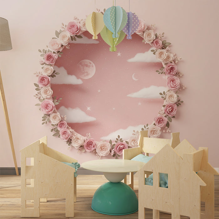 Papier peint chambre bébé | Ciel étoilé avec nuages et fleurs délicates