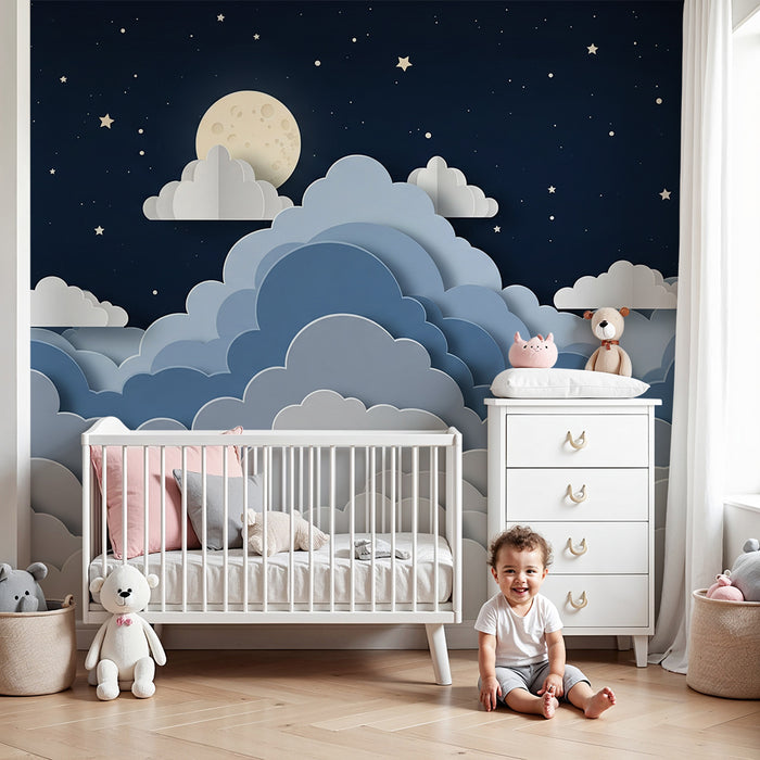 Papier peint chambre bébé | Ciel étoilé avec nuages et lune