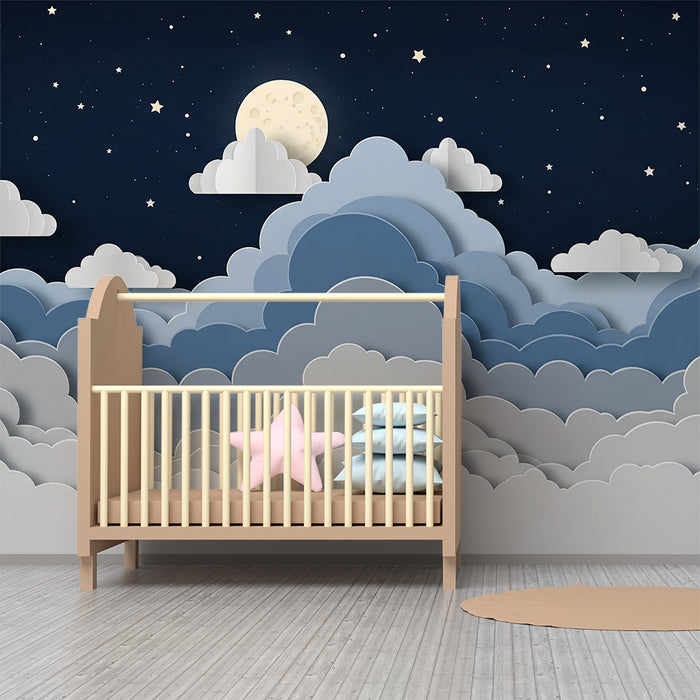 Papier peint chambre bébé | Ciel étoilé avec nuages et lune