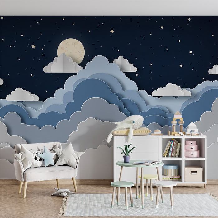 Papier peint chambre bébé | Ciel étoilé avec nuages et lune