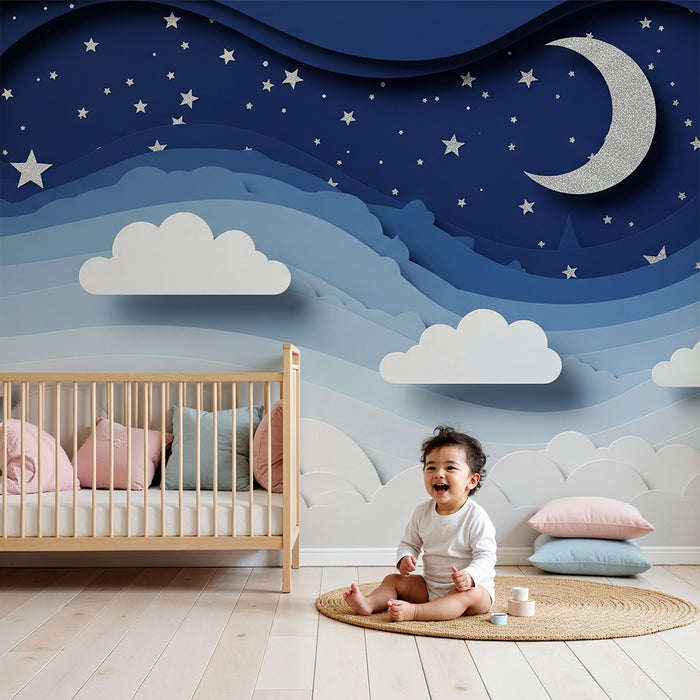 Barntapet | Stjärnhimmel med moln och silvermåne